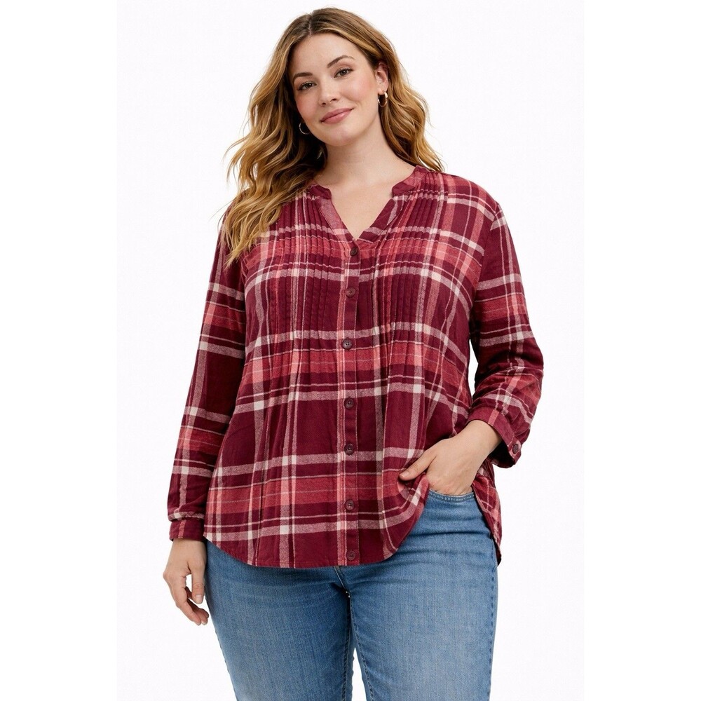 Woman Within 18/20‎ L Burgundy Plaid Button Front Long Sleeve Tunic Top